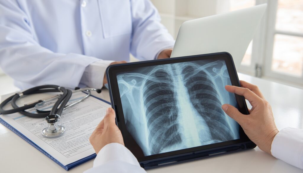 Doctor,Diagnose,Lung,X-ray,Image,On,Digital,Tablet,Screen,With