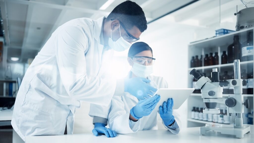 People,,Mask,Or,Scientists,On,Tablet,In,Lab,For,Medical